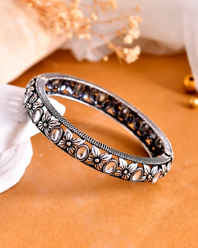 radiant gold bangle sets for women -VOJ Rhodium Plated White Stone Studded Kada Bracelet