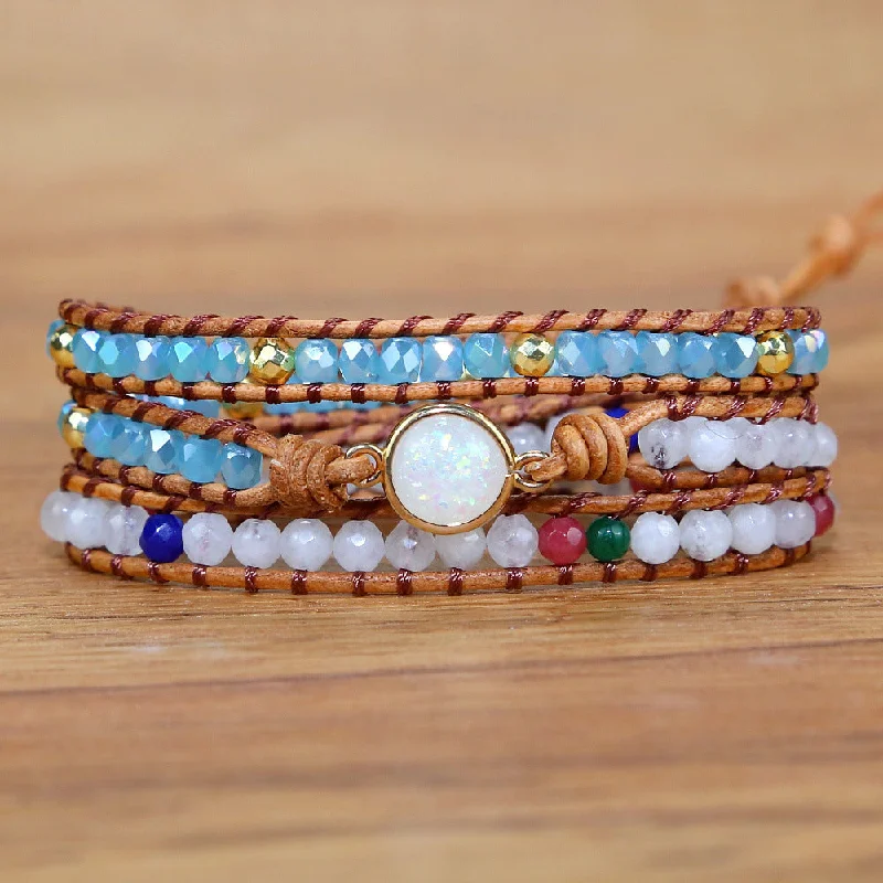 radiant diamond bangles for women -Ethnic Style Round Natural Stone Knitting Bracelets