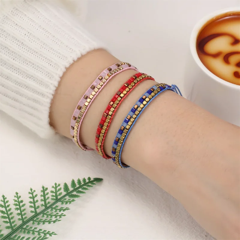 sparkling silver bracelets with gemstones for women -Bohemian Square Crystal Copper Knitting Bracelets