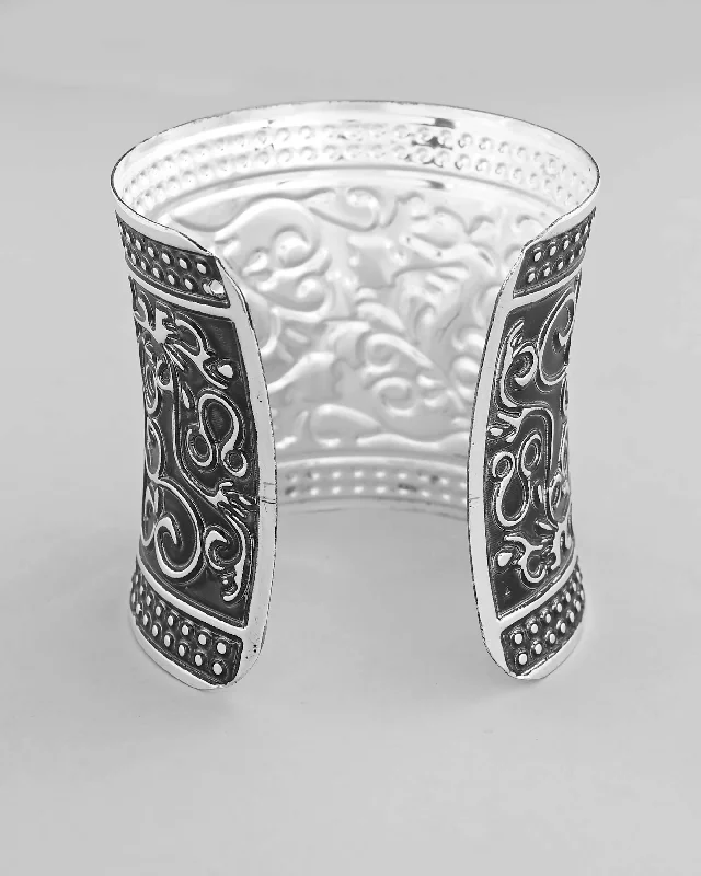 fashionable silver charm bracelets for women -VOJ Silver Plated Oxidised Cuff Bracelet