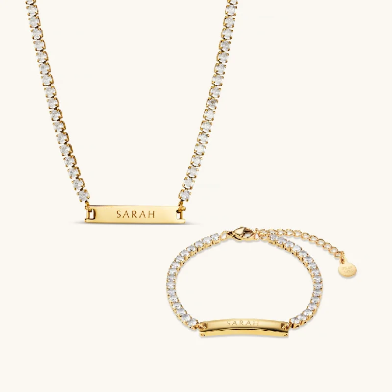 trendy chain bangle bracelets for women -The Engraved Tennis Necklace & The Engraved Tennis Bracelet Matching Set Gold