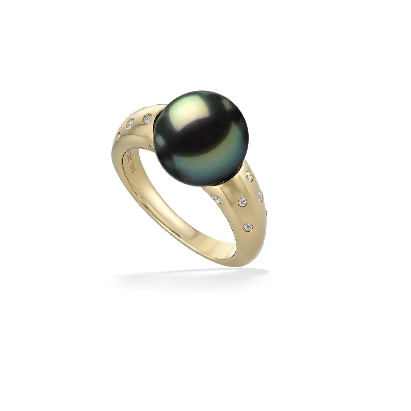 vintage engagement rings with pear shaped diamonds -Tahitian Pearl Classic Ring with Diamond Accents