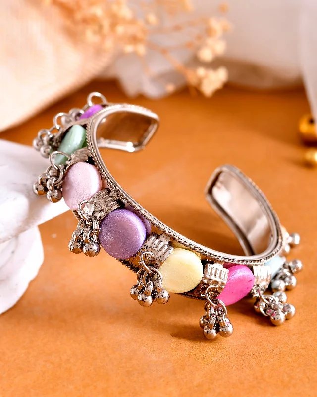 timeless silver bangle sets with gemstones for women -VOJ Silver-Plated Multi Colour Stone And Ghungroo Studded Oxidized Cuff Bracelet