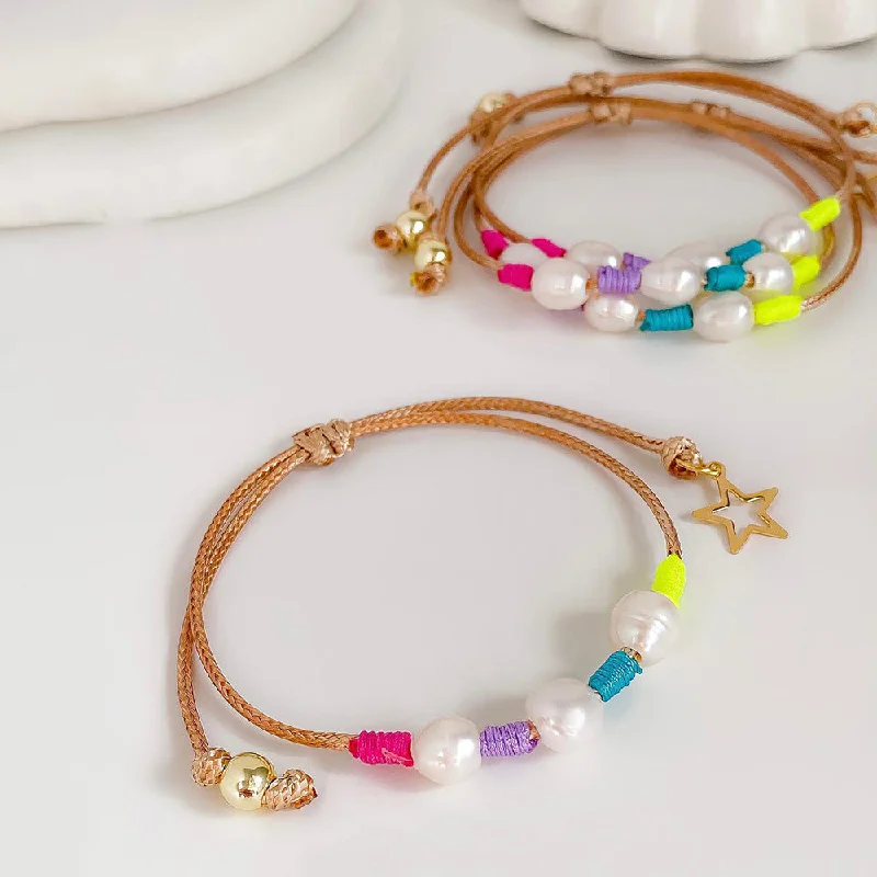 trendy gold bangle sets for women -Vacation Color Block Freshwater Pearl Beaded Knitting Bracelets