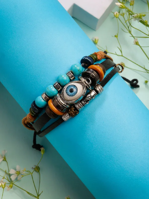 chic gold bangle bracelets for women -NVR Men's Evil Eye Multi-Coloured Leather Wraparound Bracelet