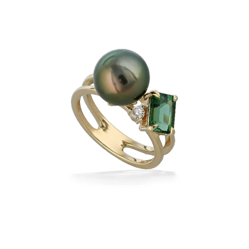 engagement rings with sapphire and diamond bands -Tahitian Pearl, Green Tourmaline and Diamond Ring