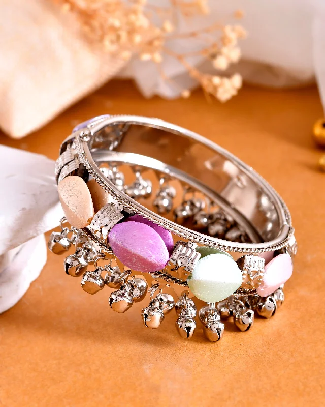 radiant pearl charm bangle bracelets for women -VOJ Silver-Plated Multi Colour Stone Studded Oxidized Cuff Bracelet