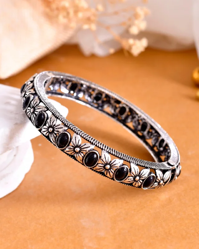 stylish gemstone bracelet sets for women -VOJ Rhodium Plated Black Stone Studded Kada Bracelet