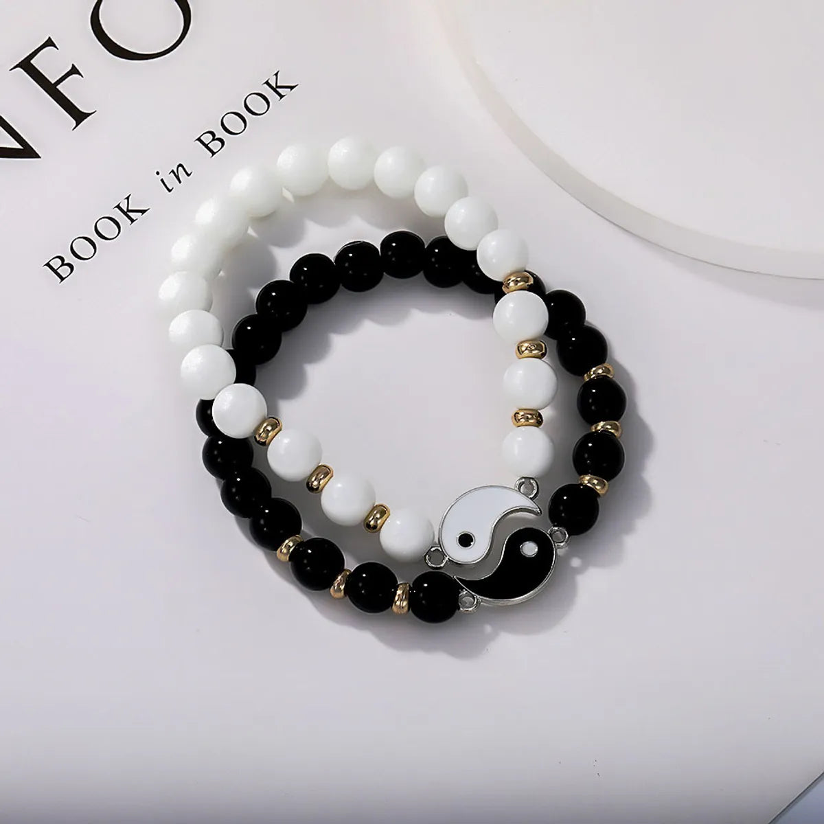 trendy gold charm bracelet sets for women -New Creative Black White Natural Stone Round Stitching Couple Bracelet