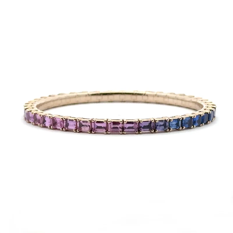 chic silver bangles with gemstones for women -18K Gold Stretch Emerald Cut Ombre Blue and Pink East West Sapphire Tennis Bracelet