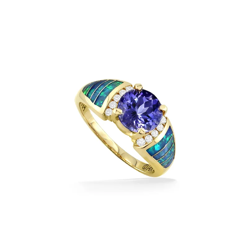 engagement rings with floral diamond accents -Kabana Opal and Diamond Ring with a 1.85 Carat Tanzanite Center