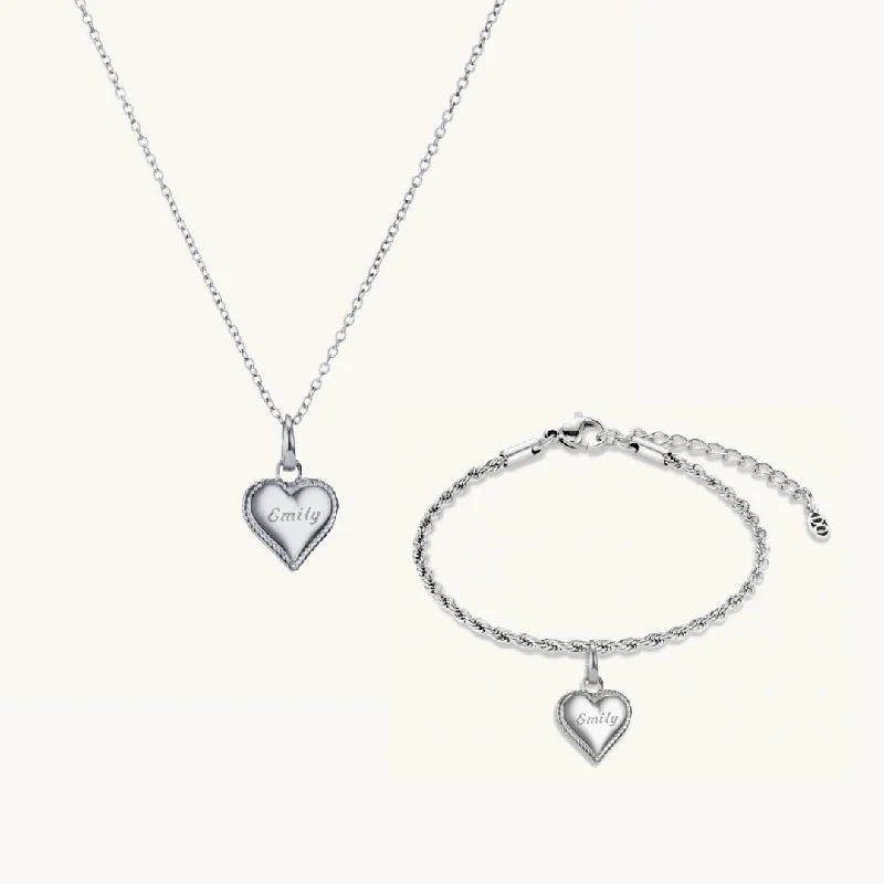 classic bangle bracelets for women -Beaded Heart Matching Necklace & Bracelet Set in Silver