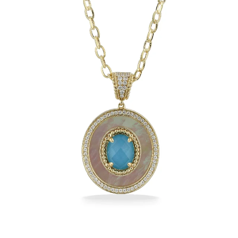 radiant engagement rings with gemstone halos -Turquoise Doublet Pendant with White Mother of Pearl and Diamonds