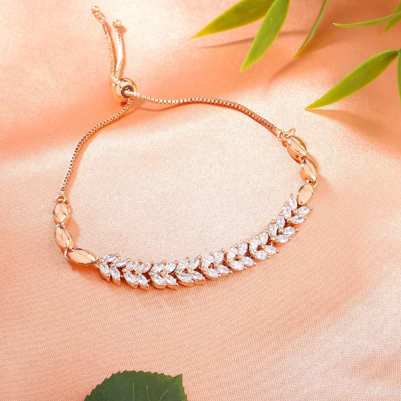 modern bangles for women -Estele Rose Gold Plated CZ Leaf Designer Adjustable Charm Bracelet with White American Diamonds for Women