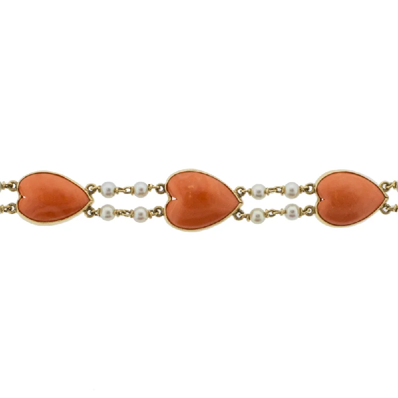 radiant silver cuff bracelets with pearls for women -Vintage Coral and Pearl Double Line Bracelet