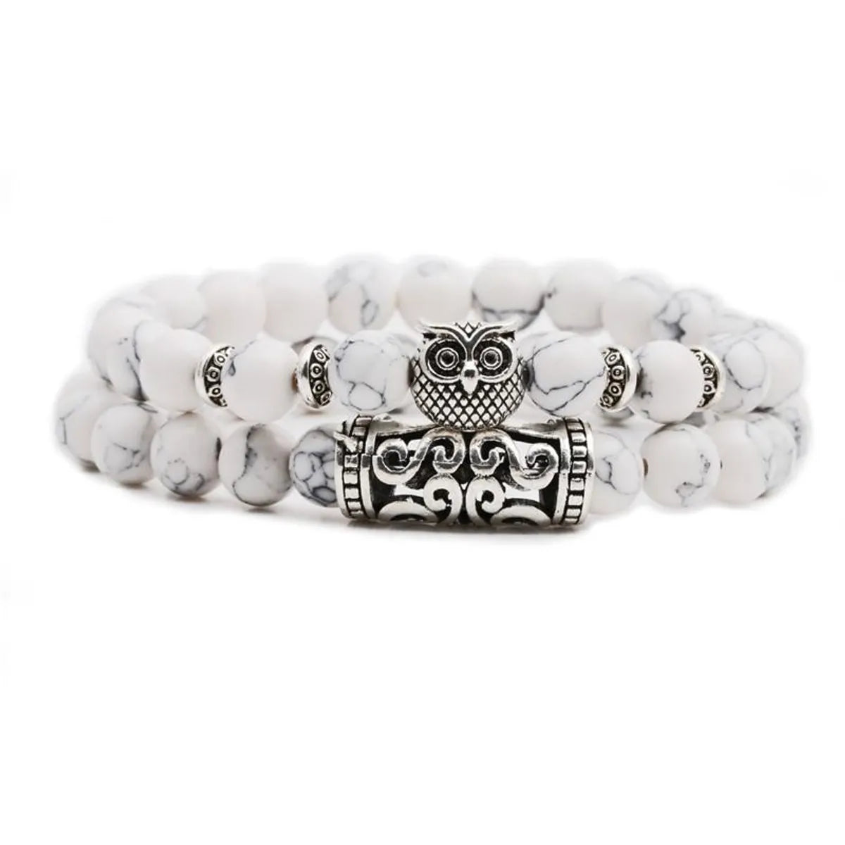 sparkling silver bangle bracelets with pearls for women -White Turquoise Owl Buddha Head Elbow Set Bracelet Lion Head Ghost Beaded Bracelet